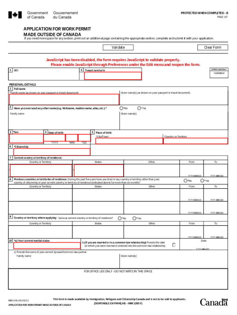 IMM 1295 E Application for Work Permit Made Outside of Canada Imm1295e PDF 2022-2025